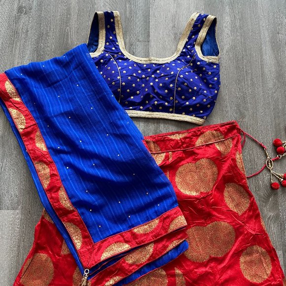 NEW Lehenga Choli - Red, Royal Blue, Gold, Foil Print, M/L - Picture 2 of 5